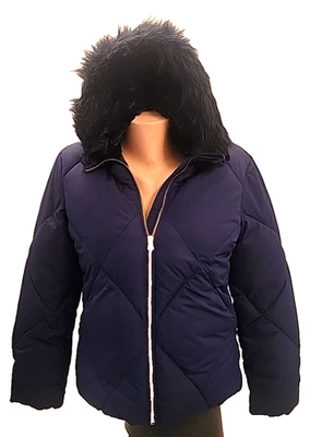 Old Navy Puffer Jacket Dark Blue Frost Free Black Fur Hooded  Girls XL 14-16 - Image 1 of 4