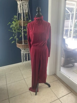 VINTAGE 70s 80s California Roc Jumpsuit Burgundy Red Maroon Velvet Large  Vtg - Image 1 of 4
