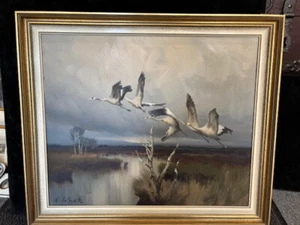 dipinto olio originale "gru ascendenti" firmato Arnold Schatz, misure 58/68 cm - Foto 1 di 4