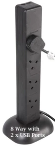 Tower Extension Lead 8 Way 2x USB Charging Ports 2m Cable Black Pro Elec 8 Gang - Picture 1 of 3