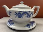 RARE Antique Dragon Pottery England Burslem Blue & White teapot w plate lid