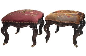 Pair OTTOMAN, Foot Stool, Rococo Victorian, Walnut, c1870, Needlepoint, 19"w - Picture 1 of 12