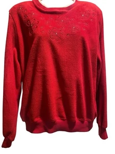 Vintage Alfred Dunner Sweatshirt Small Red Fleece Rhinestone Embellished Cozy - Picture 1 of 11