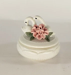 Vintage Two Swan Porcelain Floral Trinket/Ring Box - Picture 1 of 8