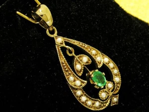 CP290 Genuine 9K or 18K Gold Natural Emerald & Pearl Drop Pendant Vintage style - Picture 1 of 3