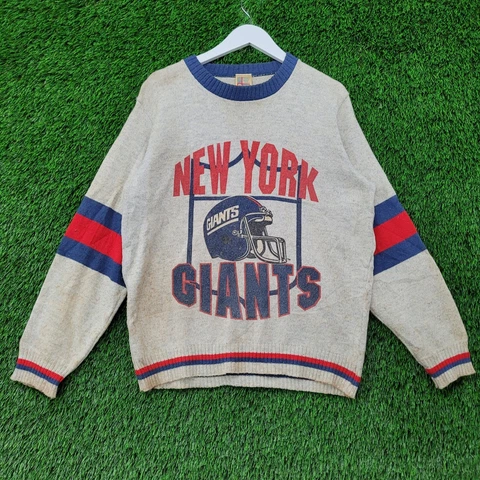 Vintage 80s New-York Giants Sweater Medium Gray Blue Red Distressed Cover