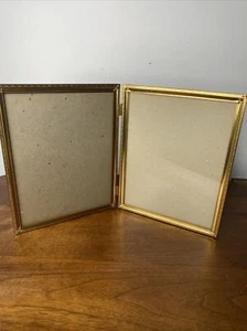 Vintage MCM Gold Picture Frame Hinged Bi Fold Brass photos Ornate Free Standing - Picture 1 of 8