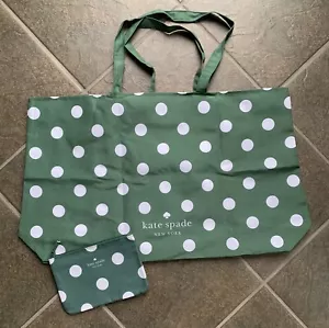 KATE SPADE LARGE GREEN WHITE POLKA DOT BAG & POUCH REUSABLE TOTE SHOP FOLDABLE - Picture 1 of 11