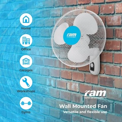RAM Wall Fan 16 Inch 400mm 3 Speed Oscillating Wall Fan - QUICK & DISCREET - Image 1 of 3