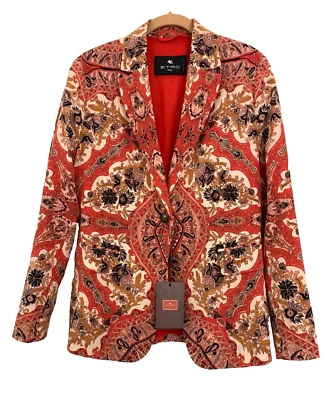 ETRO Jacket Red Beige 100% Silk Front Button Packets Size US Large NWT - Image 1 of 4