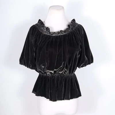 Top Barney’s WARM de Winie Beattie de terciopelo verde manga corta con volantes Peplum 1 Foto 1 de 4