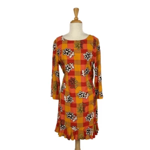 Handmade S Orange Floral Plaid Dress Midi Drop Waist 20s Cottagecore African - Picture 1 of 6