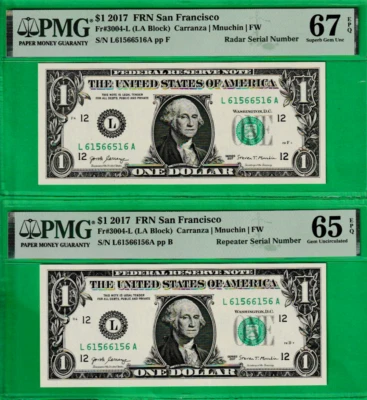 $1  Federal Reserve RADAR & REPEATER Serial 6156-6516 / 6156-6156  Two Notes PMG - Image 1 of 2
