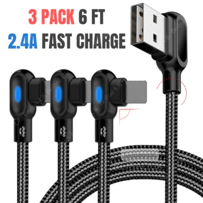 90 Degree Braided For iPhone 11 12 Charger 6Ft USB Cable Fast Charging Data Cord - Image 1 of 4
