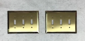 Two Toggle Electrical 3 Switch Wall Plates Brushed Brass No Screws Flip Up Down - Picture 1 of 4