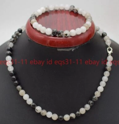 Genuine 6/8/10mm Black Quartz Rutilated Gemstone Beads Necklace Bracelet Set Foto 1 de 4
