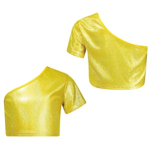 Kids Girls Vest One Shoulder T-shirt Dance Top Cheerleading Cropped Metallic - Picture 1 of 54