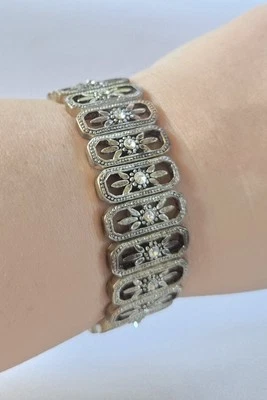 Silver Art Deco Rhinestone Stretch Bracelet Bangle - Image 1 of 4