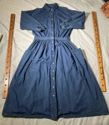 Vintage Eddie Bauer Dress Medium Blue Chambray Button Denim Cottage Ruffle Maxi - Image 1 of 4