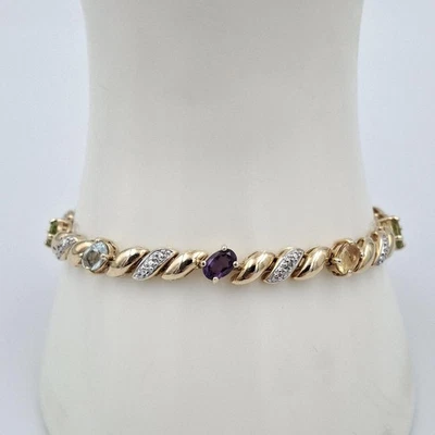 7.5" 925 Sterling Silver Gold Toned Oval Multi-Gemstone Amethyst Topaz Bracelet - Image 1 of 4