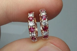 14K Yellow Gold Plated 2Ct Round Cut Lab-Created Red Ruby Huggie Hoop Earrings - Picture 1 of 2
