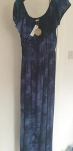 Ladies Apricot Blue Print Off Shoulder Dress. Size 14 Lined Side Splits-Not Worn - Picture 1 of 7