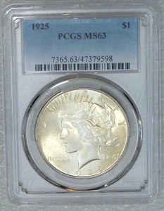 1925 Pace Argento Dollaro PCGS MS63 Lustro Lucentezza Lucentezza Brillante e Gelo PQ Nuovo Supporto #A97B - Foto 1 di 4