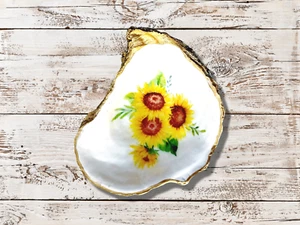 Sunflower Decoupage Oyster Shell Ring Dish - Gold Trinket Holder, Coastal Decor - Picture 1 of 6