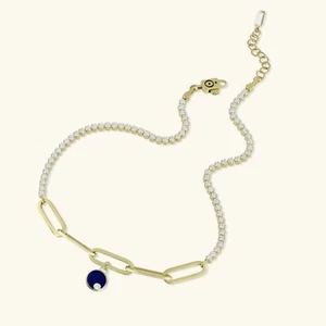 Paperclip CZ Blue Round Charm Ankle Anklet Real 14K Yellow Gold Up to 10" - Picture 1 of 4