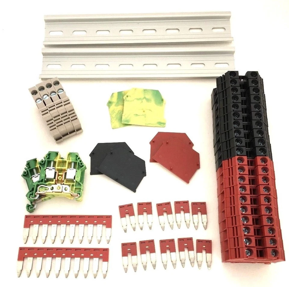 Red/Black DIN Rail Terminal Block Kit Dinkle 20 DK6N 8AWG 50A 600V Ground Jumper - Image 1 of 1