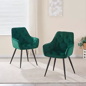 2x Green Velvet Upholstered Dining Chair with Armrest Accent Tufted Metal Leg - Picture 1 of 7