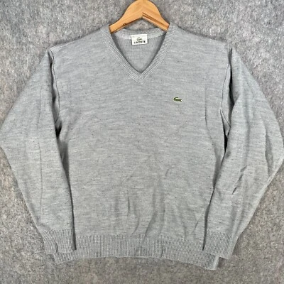 Lacoste Jumper Mens XS Grey Wool Croc Logo Preppy Crocodile V Neck Top - image 1 of 4