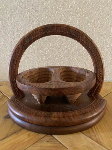 Collapsible Wooden Bowl Basket Hand Crafted Carved Wood Cover