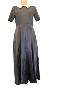 Maxikleid M 38 langes Kleid Schwarz schweres Satinkleid A-Linie Kragen kurzarm - Bild 1 von 4