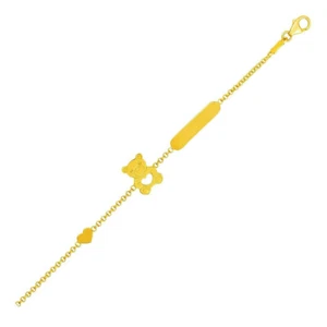 14k Yellow Gold Childrens Bracelet with Teddy Bear Heart and Bar - Picture 1 of 4