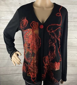 Cardigan Chico's Travelers taglia 1 nero rosso motivo astratto disegno seta unico - Foto 1 di 12