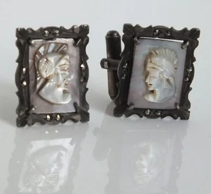 Manschettenknöpfe Perlmutt Römischen  Griechisch Soldaten 900 Silber old silver  - Picture 1 of 9