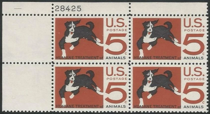 Plate Block of 4 stamps. Scott #1307 - 5 cent - Treatment of Animals - 1966 Mint - Image 1 of 1