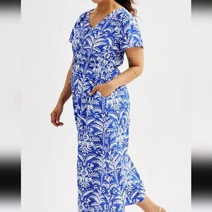 Maxi Vestido Croft & Barrow Cuello en V Manga Acampanada Color Azul Deco Palma Nuevo con Etiquetas 1X - Imagen 1 de 10