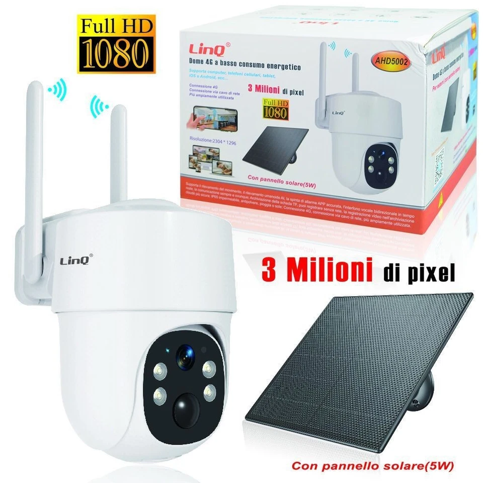 x Telecamera di Sorveglianza 4G Solare 3MP Full HD LinQ AHD5002  Rilevamento AI - Immagine 1 di 1