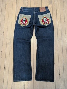 Vtg Y2K Ed Hardy Baggy Skull Embroidered Blue Denim Jeans Sz 34X34 Rare - Picture 1 of 11