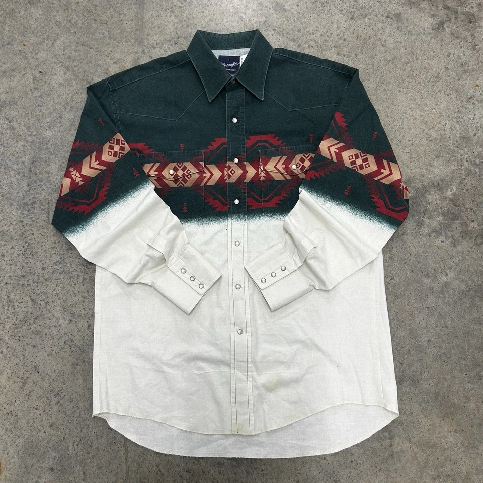 Camisa vaquera vintage de los 90 Wrangler Western para hombre L perla azteca a presión manga larga Foto 1 de 4