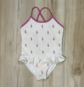 Ralph Lauren Gr. 4 4T Kleinkind Einteiler Badeanzug Allover Pony Logo Rüschen Elfenbein - Bild 1 von 6