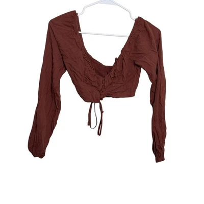 LA Hearts Blouse Women's XS Brown Smocked Cropped Tie Boho Cottage Top - Изображение 1 из 4