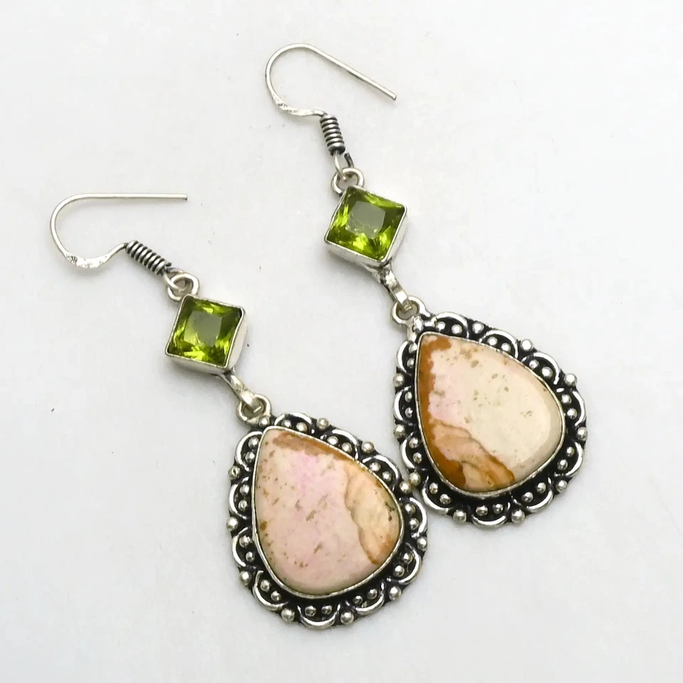 Picture Jasper Peridot Gemstone Drop Dangle Earrings Jewelry Gift 1.8" AE-93656 - Image 1 of 1