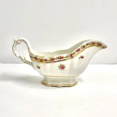 Antique Mercer Semi Vitreous Gravy Boat With Pink Floral Rose Pattern - Image 1 of 4