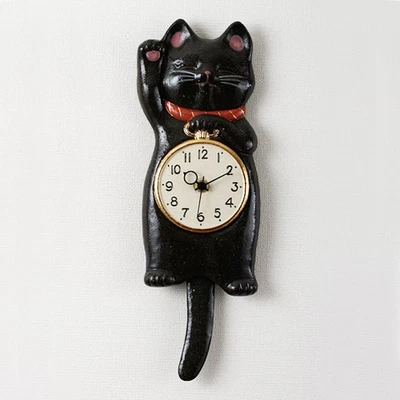 Seto Ware Maneki Neko Black Lucky Cat Wall Pendulum Clock Ceramic Japan Gift - Image 1 of 3