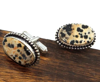 Abotoaduras de jaspe folheadas a prata 925 com dálmata tamanho 20X12mm GW - Imagem 1 de 3