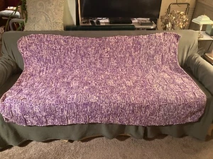 Purple/White Hand Knit Homemade Wool Afghan Bedspread Blanket Throw 64" X 48" - Picture 1 of 4