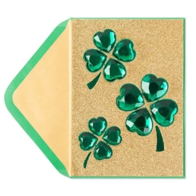 Papyrus Jeweled Gems 4 Leaf Clovers Gold Glitter St. Patrick's Day Greeting Card - Image 1 of 4